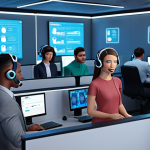 **Prompt:** A futuristic call center with AI-powered chatbots assisting customers, featuring diverse avatars and seamless data integration, showcasing efficient and personalized customer service.