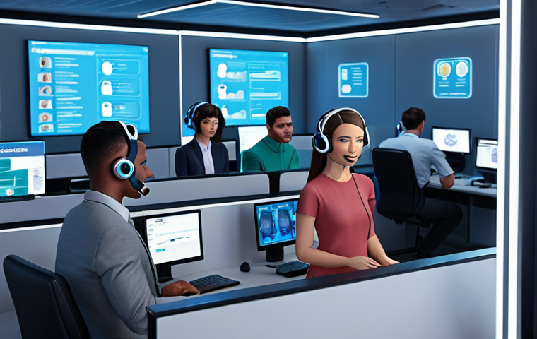 **Prompt:** A futuristic call center with AI-powered chatbots assisting customers, featuring diverse avatars and seamless data integration, showcasing efficient and personalized customer service.